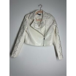 Mamō Off White Crop Biker Jacket Metal Studs Trim Crossed Zip Sz 36 EU/ S US